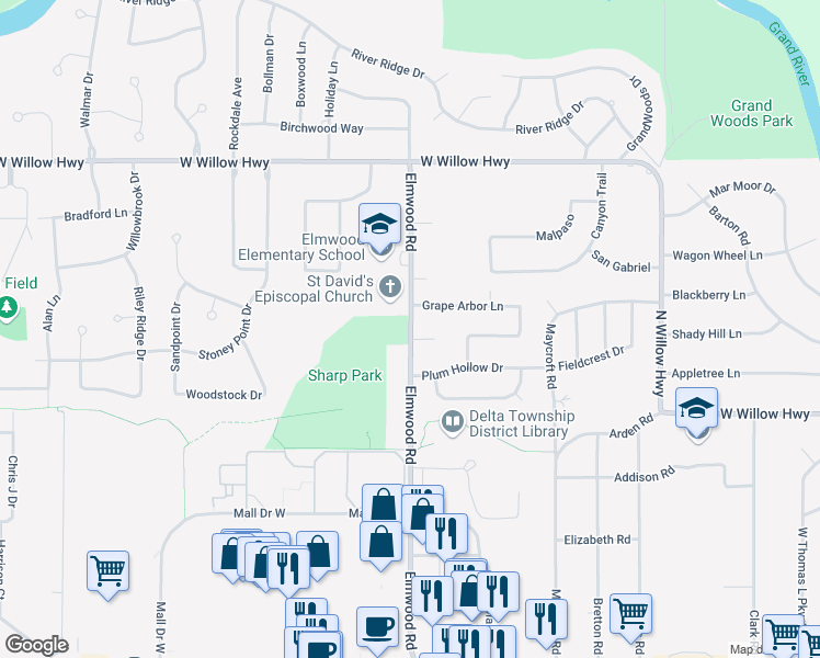 map of restaurants, bars, coffee shops, grocery stores, and more near 1533 Elmwood Road in Lansing
