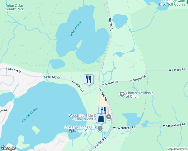 map of restaurants, bars, coffee shops, grocery stores, and more near 1910 Valley Lane in Orion charter Township
