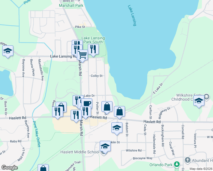 map of restaurants, bars, coffee shops, grocery stores, and more near 5786 Lake Drive in Meridian charter Township