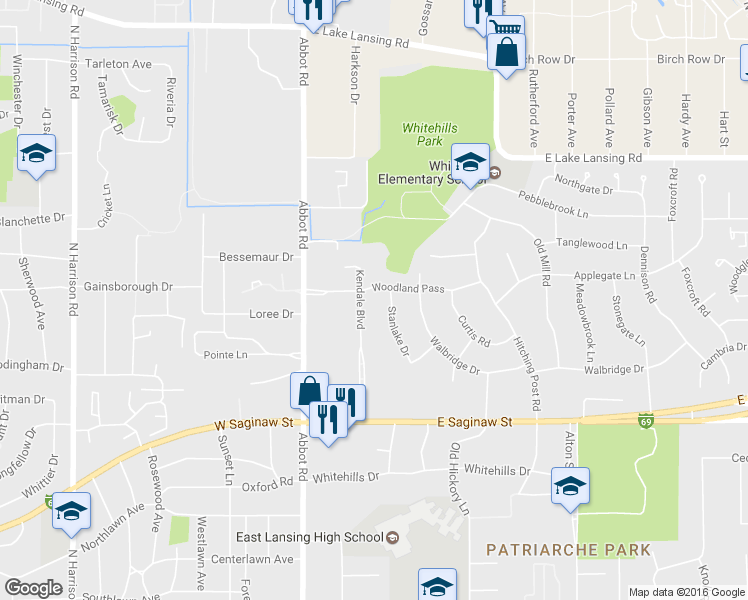 map of restaurants, bars, coffee shops, grocery stores, and more near 1650 Kendale Boulevard in East Lansing