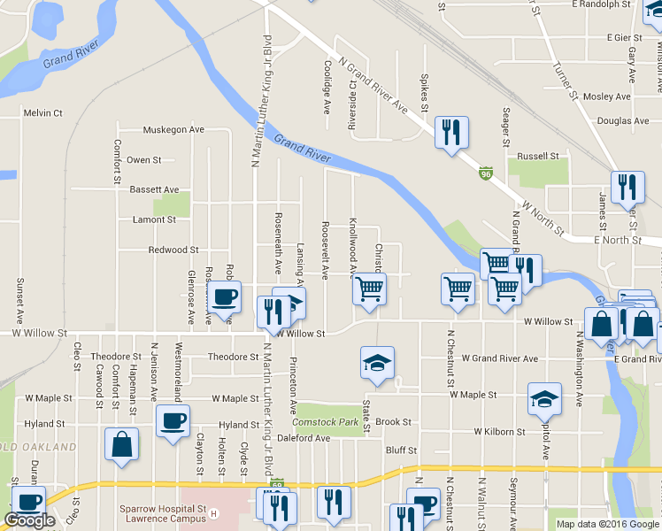 map of restaurants, bars, coffee shops, grocery stores, and more near 1352 Roosevelt Avenue in Lansing