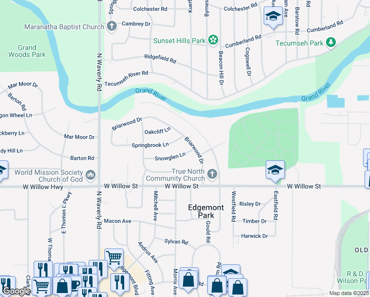 map of restaurants, bars, coffee shops, grocery stores, and more near 3329 Snowglen Lane in Lansing