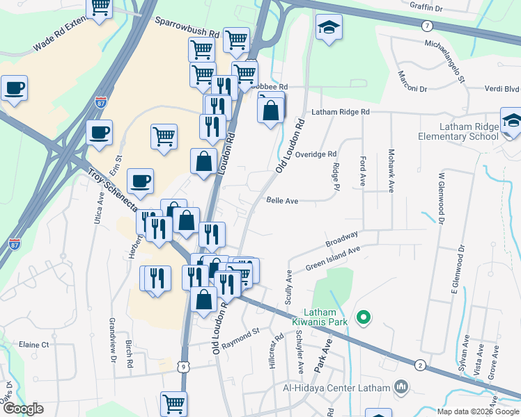 map of restaurants, bars, coffee shops, grocery stores, and more near 257 Old Loudon Road in Latham