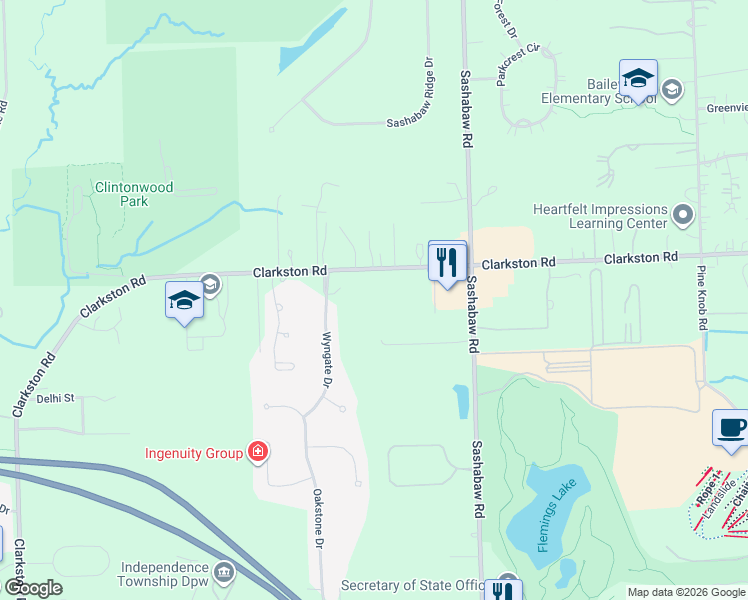 map of restaurants, bars, coffee shops, grocery stores, and more near 5835 Clarkston Road in Clarkston