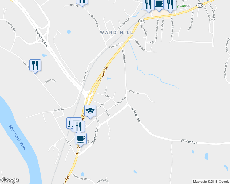 map of restaurants, bars, coffee shops, grocery stores, and more near 176 E Street in Haverhill