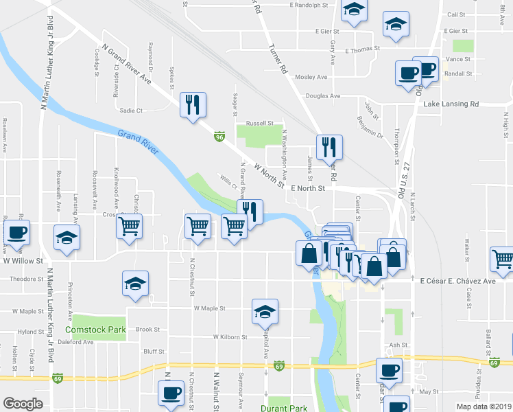 map of restaurants, bars, coffee shops, grocery stores, and more near 1510 North Grand River Avenue in Lansing