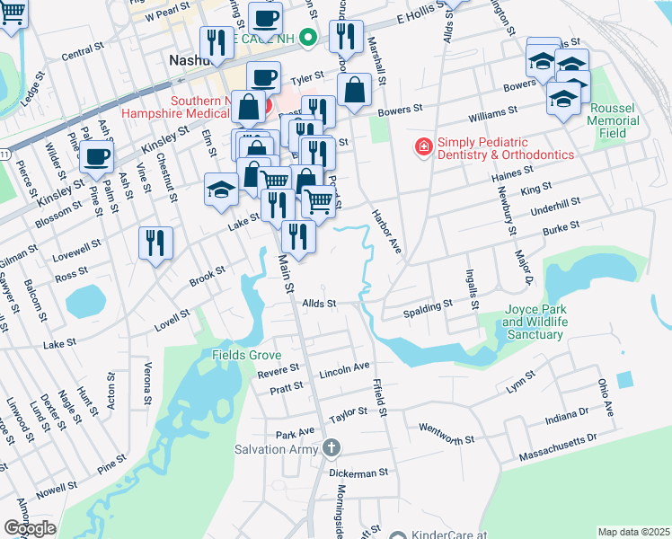 map of restaurants, bars, coffee shops, grocery stores, and more near 30 Pond Street in Nashua