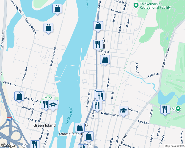 map of restaurants, bars, coffee shops, grocery stores, and more near 851 River Street in Troy