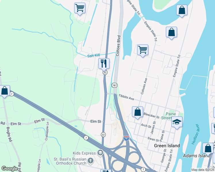 map of restaurants, bars, coffee shops, grocery stores, and more near 110 Cohoes Road in Watervliet