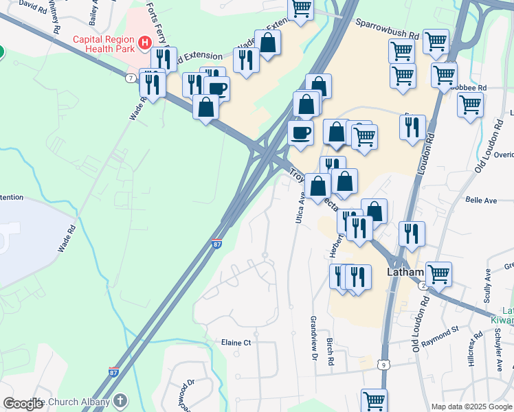 map of restaurants, bars, coffee shops, grocery stores, and more near 16 Albany Avenue in Latham
