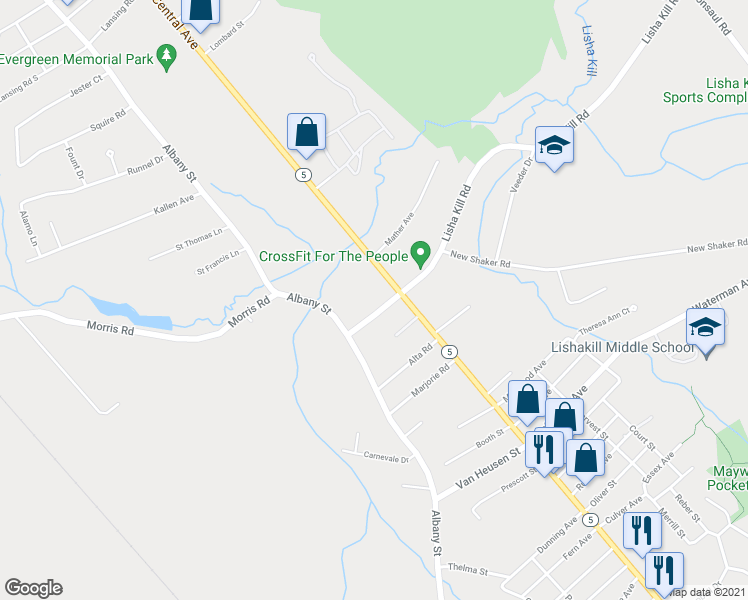 map of restaurants, bars, coffee shops, grocery stores, and more near 2068 Central Avenue in Schenectady