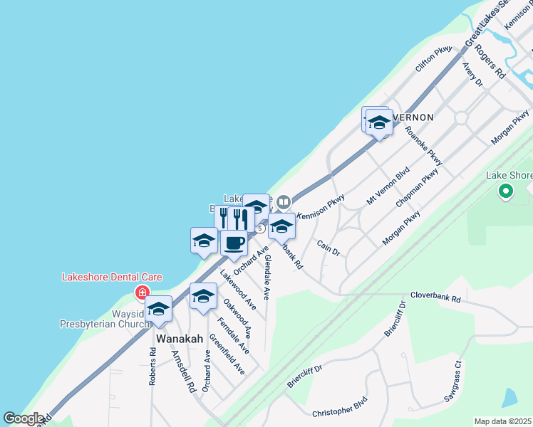 map of restaurants, bars, coffee shops, grocery stores, and more near 4870 Lake Shore Road in Hamburg
