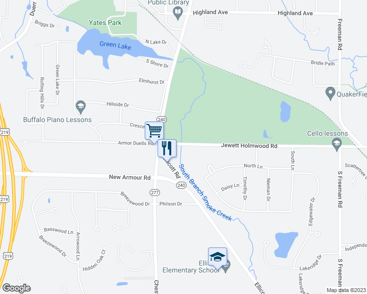 map of restaurants, bars, coffee shops, grocery stores, and more near 6557 Jewett Holmwood Road in Orchard Park