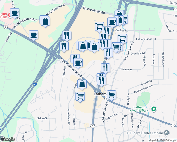 map of restaurants, bars, coffee shops, grocery stores, and more near 10 Sunset Drive in Latham