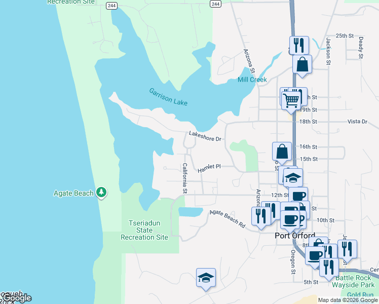 map of restaurants, bars, coffee shops, grocery stores, and more near 28 Hamlet Place in Port Orford