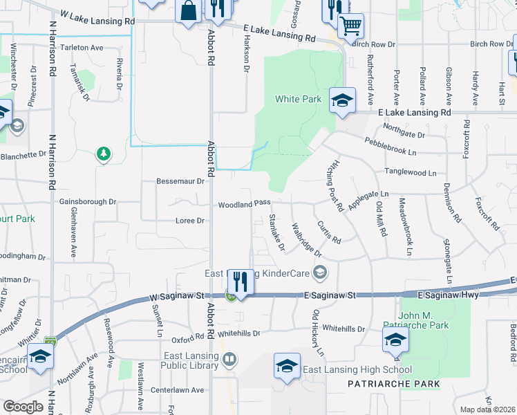 map of restaurants, bars, coffee shops, grocery stores, and more near 1650 Kendale Boulevard in East Lansing