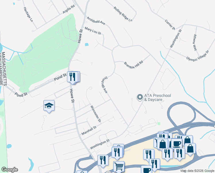 map of restaurants, bars, coffee shops, grocery stores, and more near 117 Druid Hill Avenue in Methuen