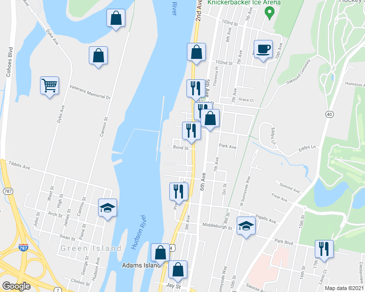 map of restaurants, bars, coffee shops, grocery stores, and more near 146 President Street in Troy