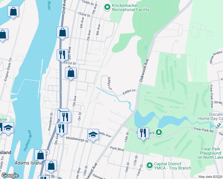 map of restaurants, bars, coffee shops, grocery stores, and more near Eddys Lane in Troy
