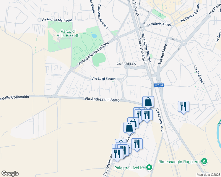 map of restaurants, bars, coffee shops, grocery stores, and more near 17 Via Giuseppe Toniolo in Grosseto