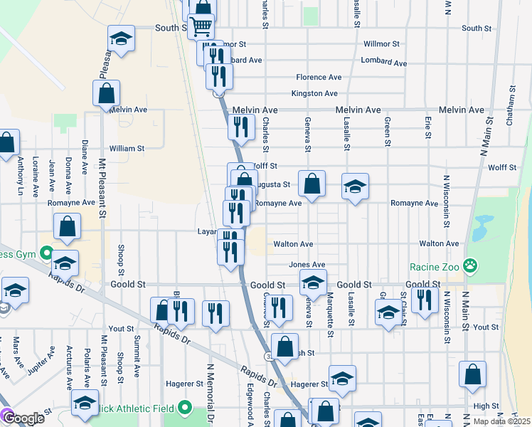 map of restaurants, bars, coffee shops, grocery stores, and more near 1306 Romayne Avenue in Racine