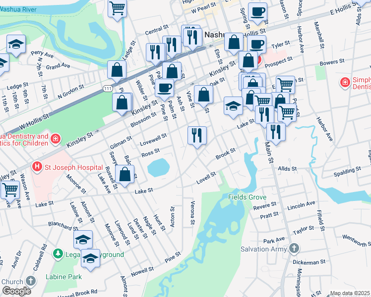 map of restaurants, bars, coffee shops, grocery stores, and more near 114 1/2 Ash Street in Nashua