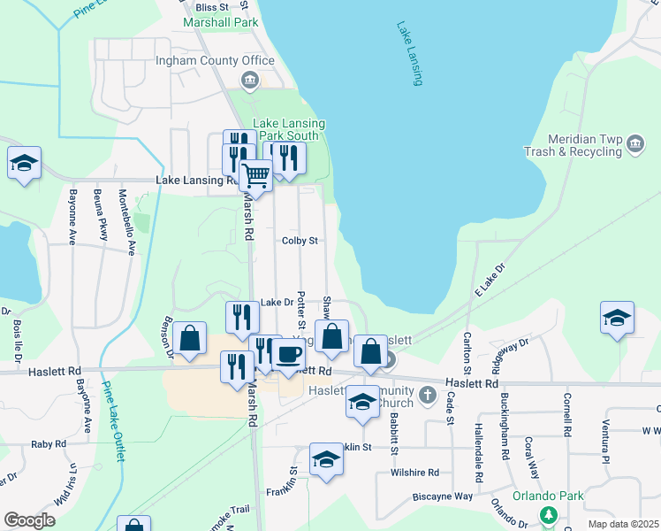 map of restaurants, bars, coffee shops, grocery stores, and more near 5899 Shaw Street in Meridian charter Township