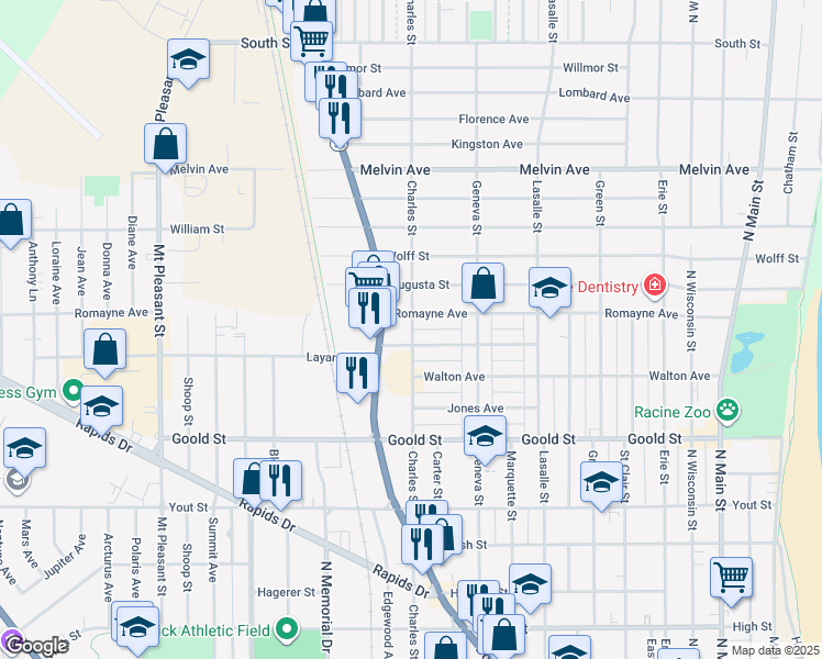 map of restaurants, bars, coffee shops, grocery stores, and more near 1306 Romayne Avenue in Racine