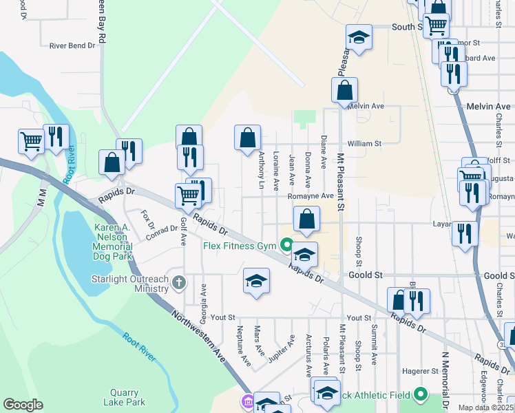 map of restaurants, bars, coffee shops, grocery stores, and more near 2525 Anthony Lane in Racine