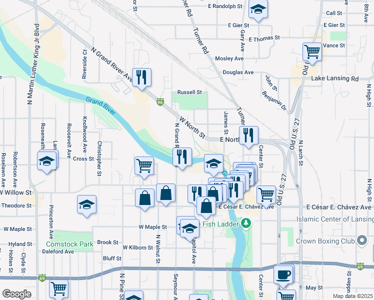 map of restaurants, bars, coffee shops, grocery stores, and more near 1600 North Grand River Avenue in Lansing