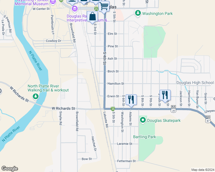 map of restaurants, bars, coffee shops, grocery stores, and more near 709 South 4th Street in Douglas
