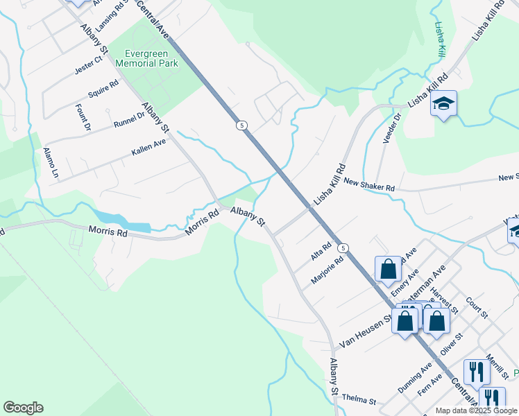 map of restaurants, bars, coffee shops, grocery stores, and more near 4083 Albany Street in Schenectady