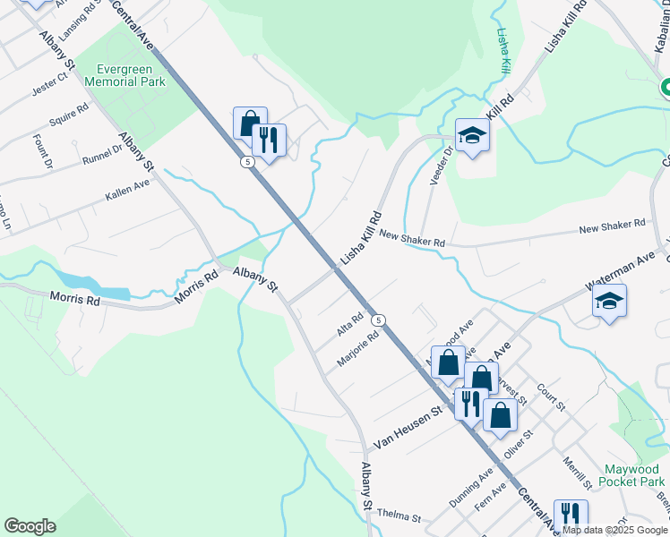 map of restaurants, bars, coffee shops, grocery stores, and more near Central Avenue & Lishakill Road in Albany County