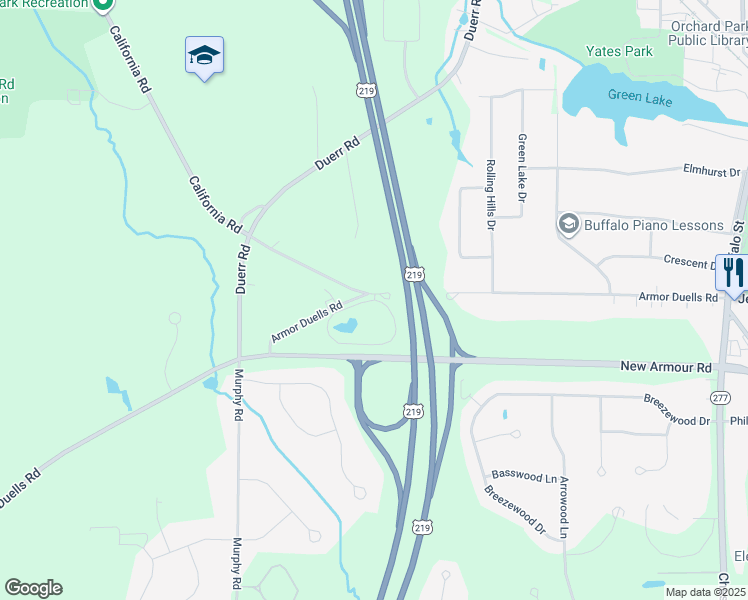 map of restaurants, bars, coffee shops, grocery stores, and more near 6055 Armor Duells Road in Orchard Park