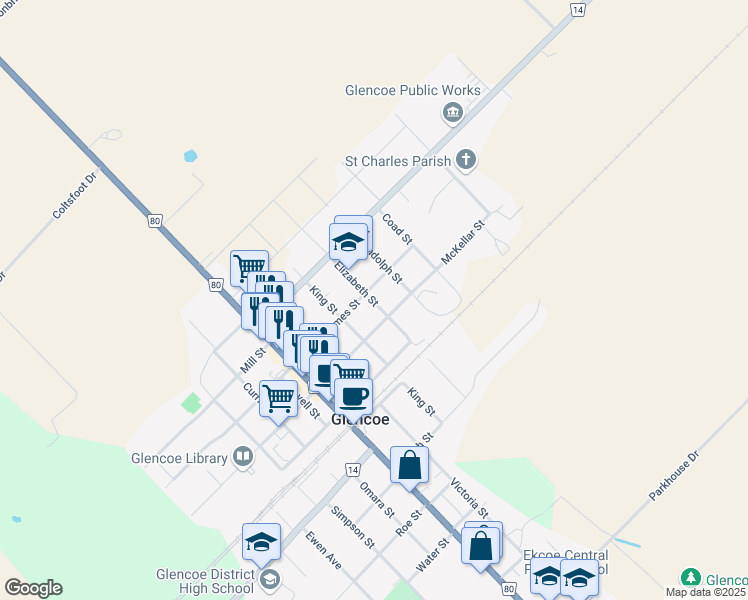 map of restaurants, bars, coffee shops, grocery stores, and more near 251 Elizabeth Street in Glencoe