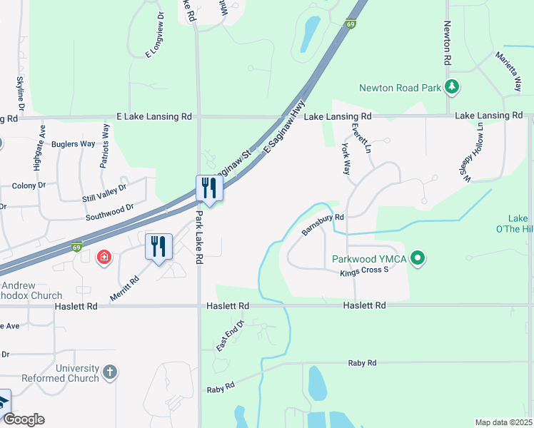 map of restaurants, bars, coffee shops, grocery stores, and more near 5800 Park Lake Road in East Lansing