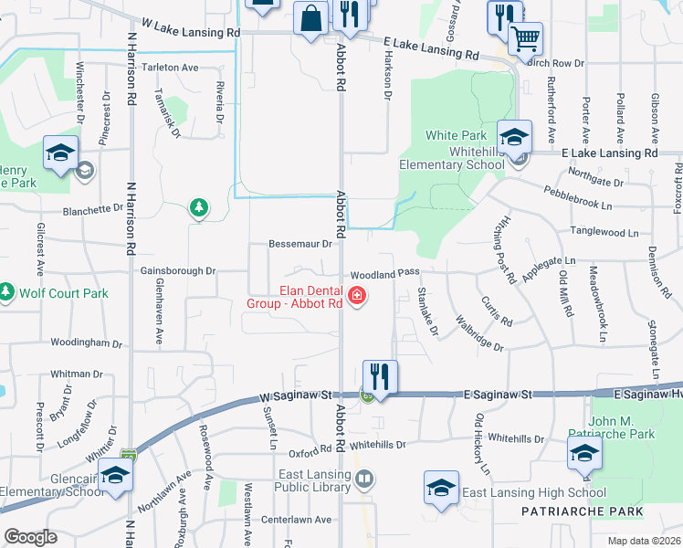 map of restaurants, bars, coffee shops, grocery stores, and more near 1500 Abbot Road in East Lansing