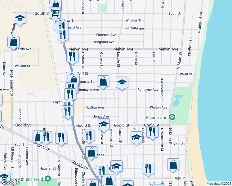 map of restaurants, bars, coffee shops, grocery stores, and more near in Racine