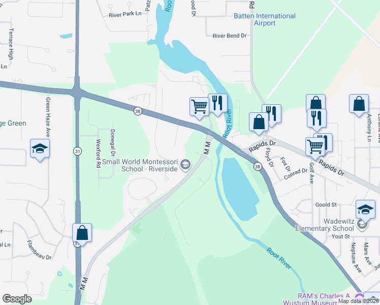 map of restaurants, bars, coffee shops, grocery stores, and more near 2628 North Green Bay Road in Mount Pleasant