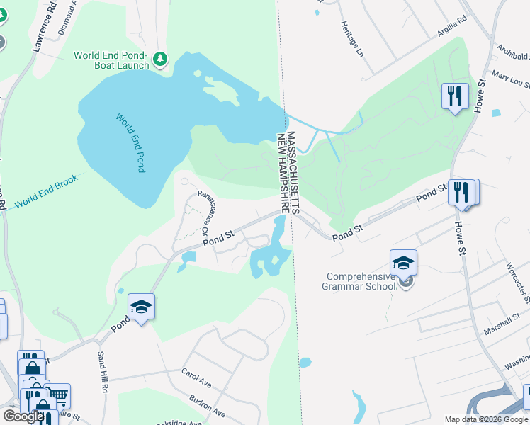 map of restaurants, bars, coffee shops, grocery stores, and more near 105 Pond Street in Salem