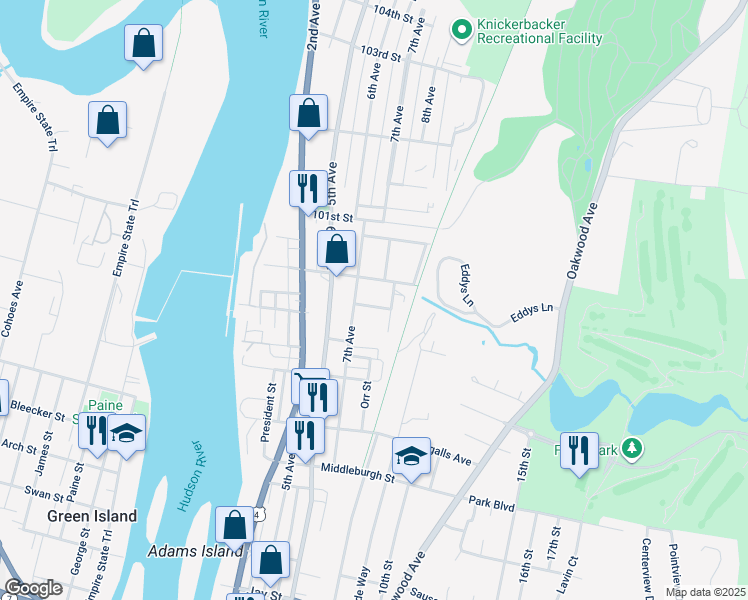 map of restaurants, bars, coffee shops, grocery stores, and more near 16 Park Avenue in Troy