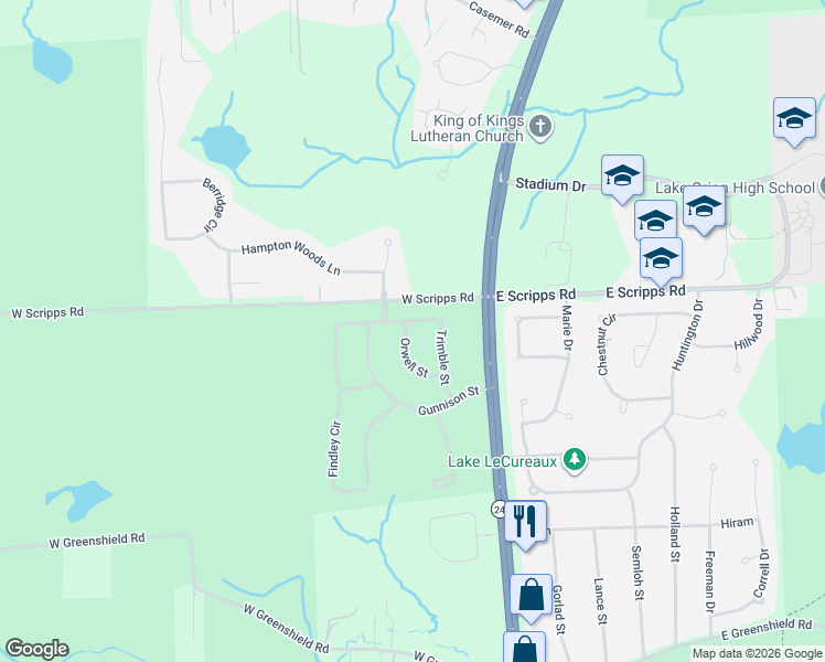 map of restaurants, bars, coffee shops, grocery stores, and more near 284 Trimble Street in Orion charter Township