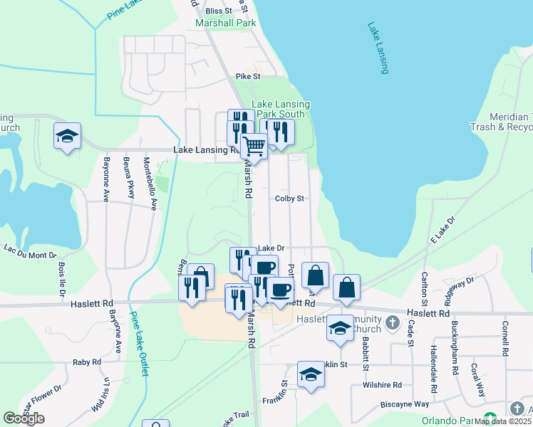 map of restaurants, bars, coffee shops, grocery stores, and more near 5890 Marsh Road in Meridian charter Township