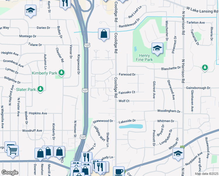 map of restaurants, bars, coffee shops, grocery stores, and more near 1635 Coolidge Road in East Lansing