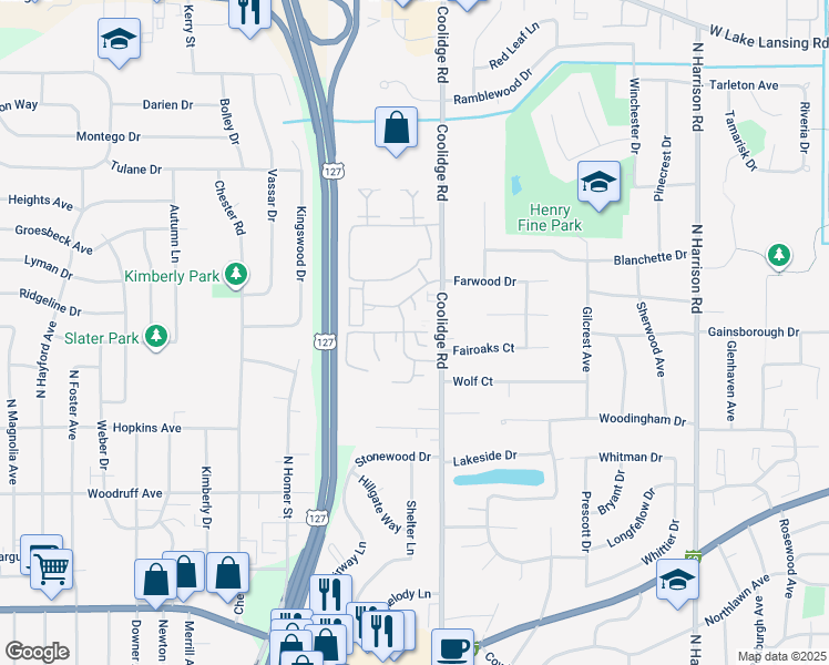 map of restaurants, bars, coffee shops, grocery stores, and more near 1635 Coolidge Road in East Lansing
