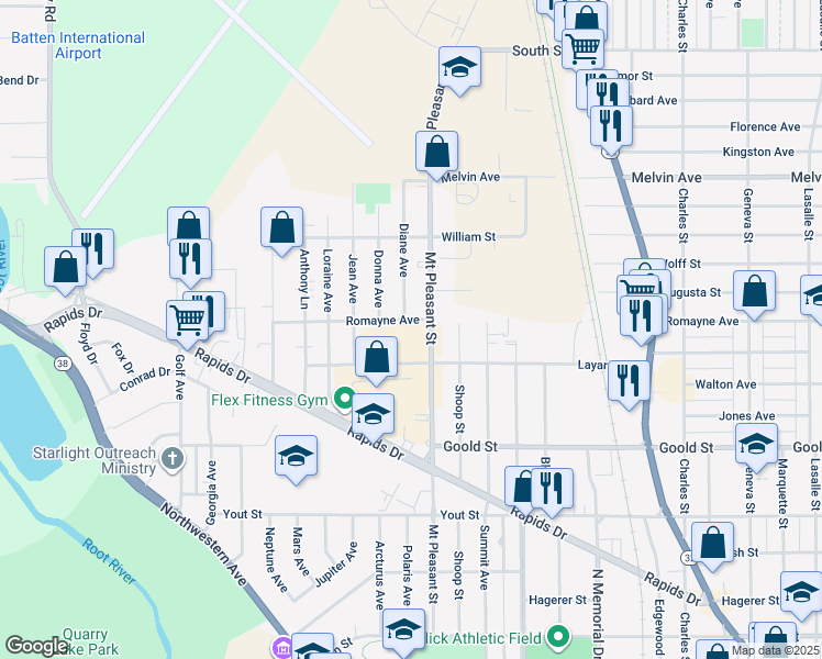 map of restaurants, bars, coffee shops, grocery stores, and more near 2100 Romayne Avenue in Racine
