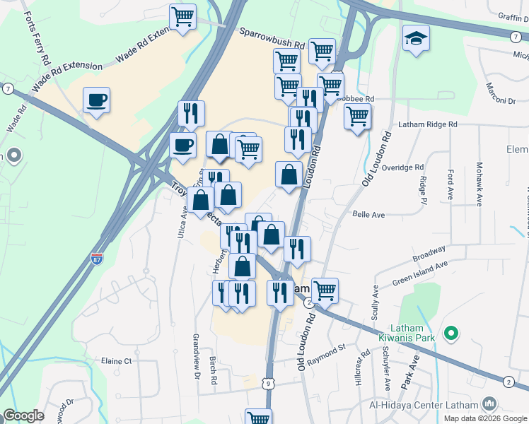 map of restaurants, bars, coffee shops, grocery stores, and more near 10 Sunset Drive in Latham
