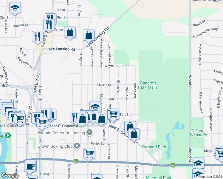 map of restaurants, bars, coffee shops, grocery stores, and more near 1540 Vermont Avenue in Lansing