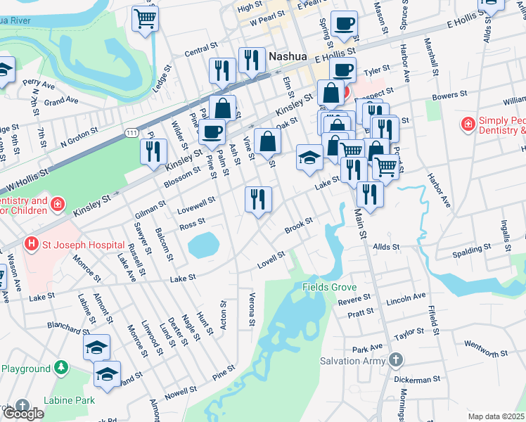 map of restaurants, bars, coffee shops, grocery stores, and more near 39 Lake Street in Nashua