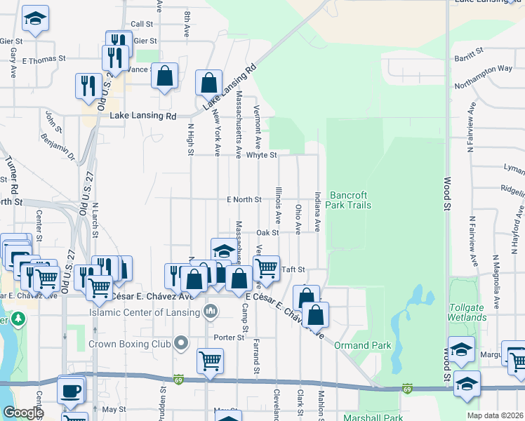 map of restaurants, bars, coffee shops, grocery stores, and more near 1540 Vermont Avenue in Lansing